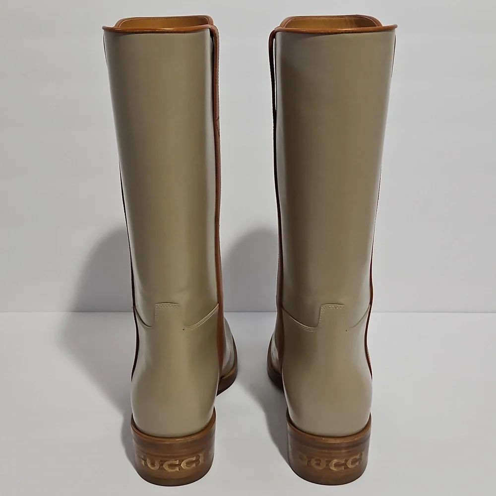 Gucci Women's Unisex Leather Mid-Calf Boot Beige/Tan 8 Shoe Horn Dust Bag Box - Picture 5 of 15